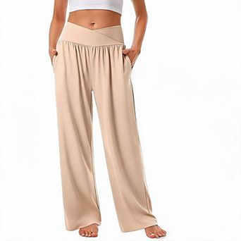 Women's Cross Waist High Waist Wide Leg Yoga Pants Loose Flowy Casual Loungewear Pants with Pockets
