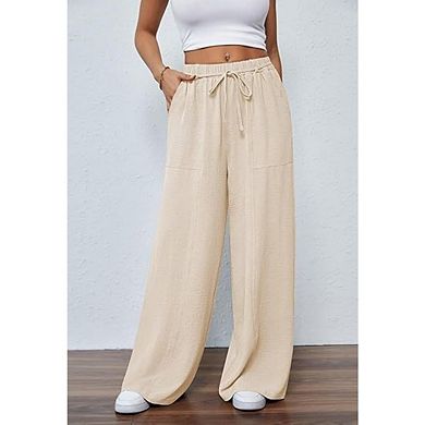 Women's Drawstring Elastic Waist Wide Leg Pants Straight Leg Trousers