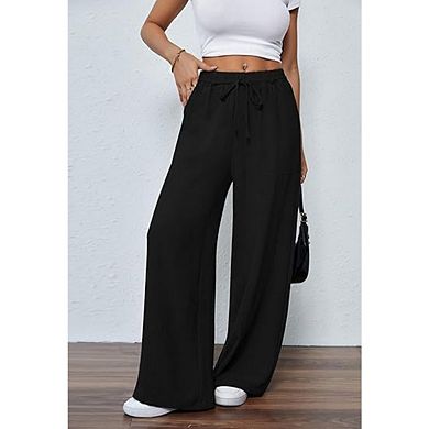 Women's Drawstring Elastic Waist Wide Leg Pants Straight Leg Trousers