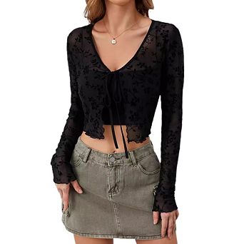 Women's Floral Lace Cropped Long Sleeve Cardigan V Neck Casual and Stylish Long Sleeve