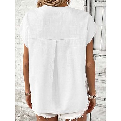 Women's linen shirt V neck button down shirt short sleeved office work top