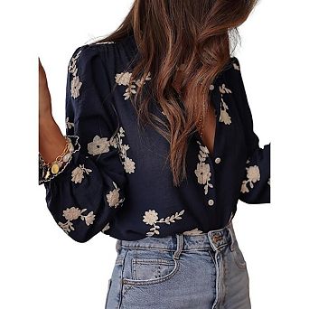 Women's Bohemian style farmhouse blouse with floral embroidery and sheer button down design