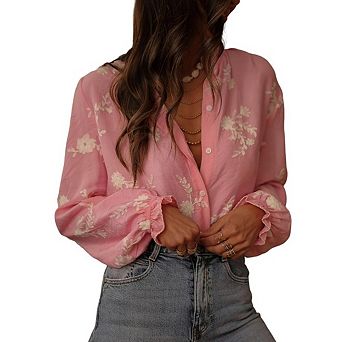 Women's Bohemian style farmhouse blouse with floral embroidery and sheer button down design