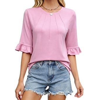 Women's short sleeved top solid color elegant and casual round neck pleated shirt