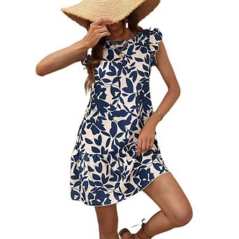 Women's Beach Ruffled Sleeveless Flowy Fashion Printed Vacation Dress Set