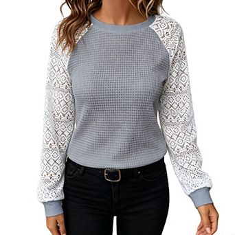 Women's Waffle Knit Long Sleeve Top Lace Hollow Out Sleeve Crewneck Casual Blouse T Shirt