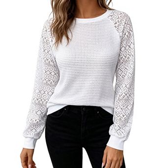 Women's Waffle Knit Long Sleeve Top Lace Hollow Out Sleeve Crewneck Casual Blouse T Shirt