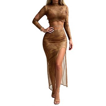 Women 4 pc Swimsuit Set Bikini with Mesh Crop Top Cover Up and High Slit Maxi Skirt