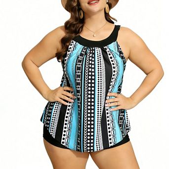 Women Plus Size Tankini Set Sleeveless Swim Top and Shorts Two Piece Bathing Suit with Tummy Control