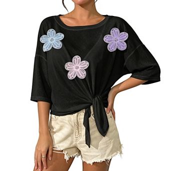 Womens Floral 3/4 Sleeve Tie Knot Front T Shirt Loose Boat Neck Beach Cover Up Casual Top