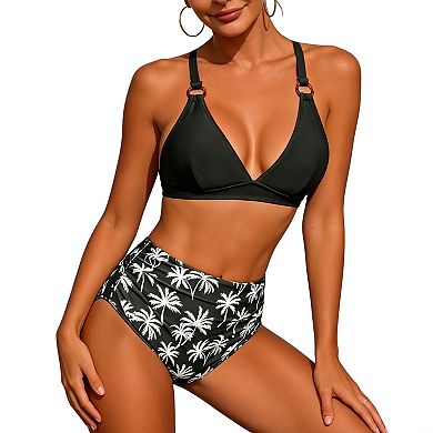 Women Tropical Bikini Set High Waisted Swimsuit with Cross Back Triangle Top Ruched Bottom
