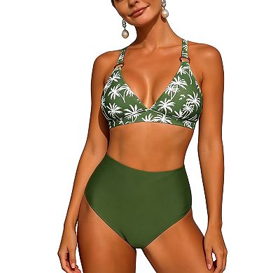 Women Tropical Bikini Set High Waisted Swimsuit with Cross Back Triangle Top Ruched Bottom