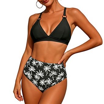 Women Tropical Bikini Set High Waisted Swimsuit with Cross Back Triangle Top Ruched Bottom