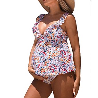 Women Maternity Tankini Swimsuit V Neck Flowy Top with Bottoms Two Piece Swimwear for Pregnancy
