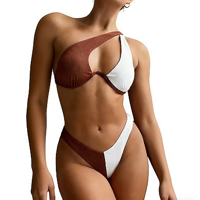 Women Asymmetric One Shoulder Bikini Set Two Tone Ribbed Swimsuit with High Cut Bottom