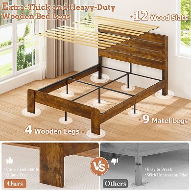 CEWOR Farmhouse Wooden Platform Bed Frame with Headboard
