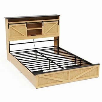 CEWOR Farmhouse Wooden Platform Bed Frame w/bookshelf Headboard 2 Storage Drawers Charging Station