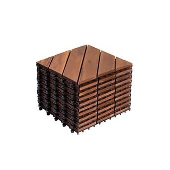 CEWOR 10 pc Acacia Wood Interlocking Deck Tiles for Outdoor Waterproof Flooring & Poolside