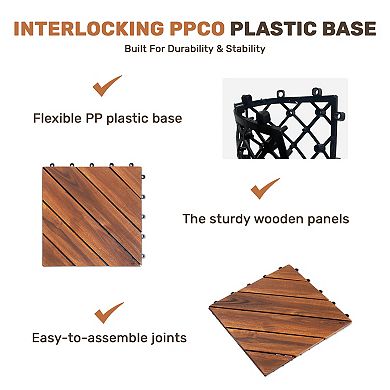CEWOR 10 PCS Acacia Wood Interlocking Deck Tiles for Outdoor Waterproof Flooring & Poolside