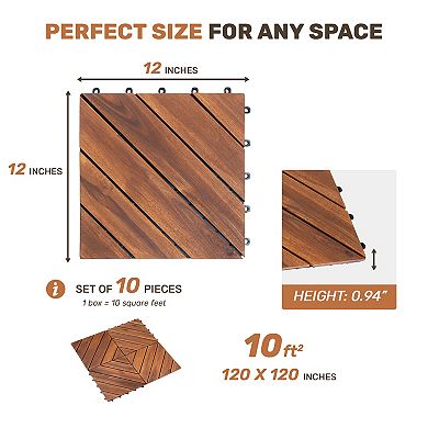 CEWOR 10 PCS Acacia Wood Interlocking Deck Tiles for Outdoor Waterproof Flooring & Poolside
