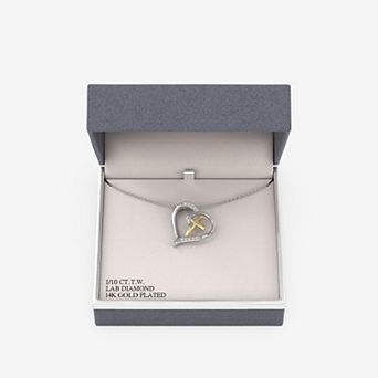 RADIANT GEM 14k Gold and Fine Silver Plated 1/10 Carat T.W. Lab-Grown Diamond Open Heart Cross Pendant Necklace