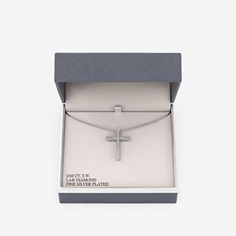 RADIANT GEM Fine Silver Plated 1/10 Carat T.W. Round Lab-Grown Diamond Cross Pendant Necklace
