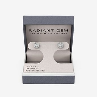 RADIANT GEM Fine Silver Plated 1/10 Carat T.W. Lab-Grown Diamond Round Cushion Frame Halo Stud Earrings