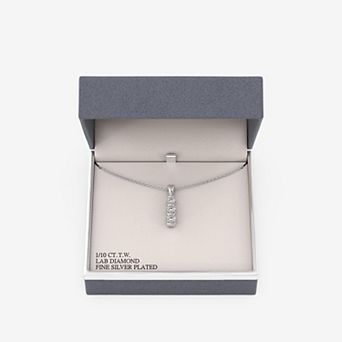 RADIANT GEM Fine Silver Plated 1/10 Carat T.W. Round Lab-Grown Diamond Three-Stone Vertical Bar Pendant Necklace