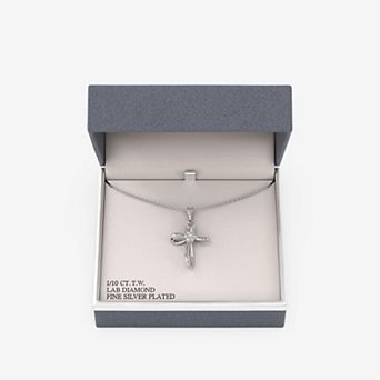 RADIANT GEM Fine Silver Plated 1/10 Carat T.W. Round Lab-Grown Diamond Ribbon Cross Pendant Necklace