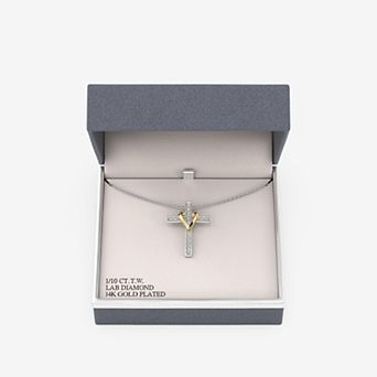 RADIANT GEM 14k Gold and Fine Silver Plated 1/10 Carat T.W. Lab-Grown Diamond Pave Heart Cross Pendant Necklace