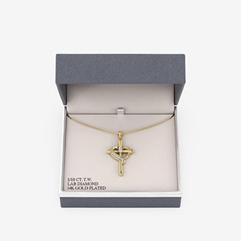 RADIANT GEM 14k Gold and Fine Silver Plated 1/10 Carat T.W. Lab-Grown Diamond Heart and Cross Pendant Necklace