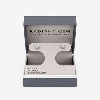 RADIANT GEM Fine Silver Plated 1/10 Carat T.W. Round Lab-Grown Diamond Heart Shape Stud Earrings