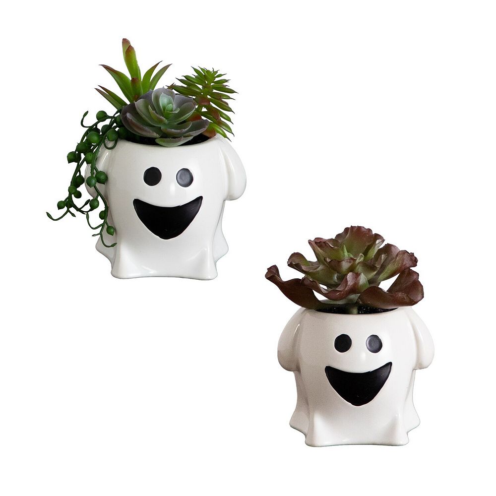 nearly natural Halloween Happy Ghost Planter with Artificial Succulent Garden Set of 2