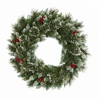 nearly natural 24-Inch Artificial Frosted Swiss Pine Wreath with Berries