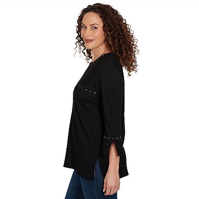 Petite Alfred Dunner Spliced Texture Metallic Studded Top