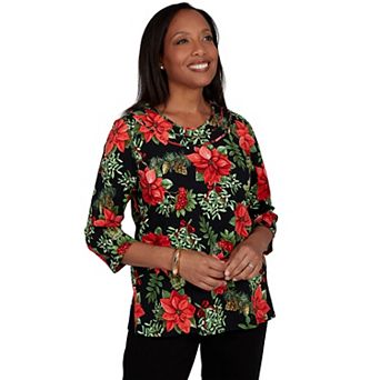 Petite Alfred Dunner Poinsettia Pattern Knit Top