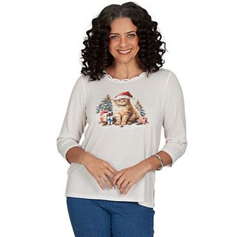Petite Alfred Dunner Santa Cat Knit Top
