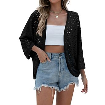 Zeagoo Womens Summer Crochet Cardigan 3/4 Sleeve Batwing Open Front Boho Knit Cover Ups