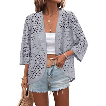 Zeagoo Womens Summer Crochet Cardigan 3/4 Sleeve Batwing Open Front Boho Knit Cover Ups