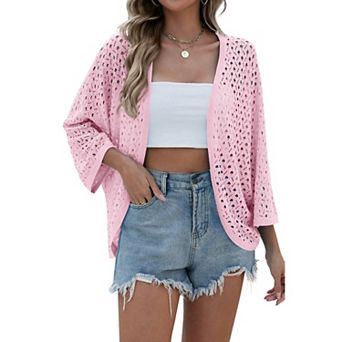 Zeagoo Womens Summer Crochet Cardigan 3/4 Sleeve Batwing Open Front Boho Knit Cover Ups
