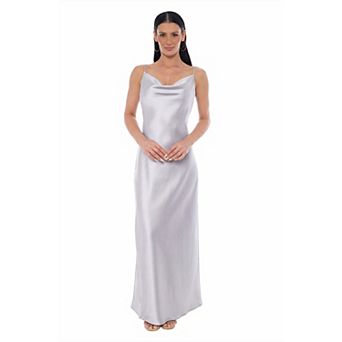 Women's Marina Cowl Neck Satin Long Dress with Adjustable Sleeves