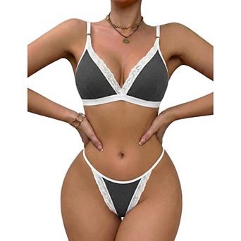 Avidlove Lingerie for Women Lace Trim Bralette and Thong Set Ribbed Bra and Panty Sets