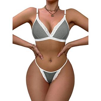 Avidlove Lingerie for Women Lace Trim Bralette and Thong Set Ribbed Bra and Panty Sets