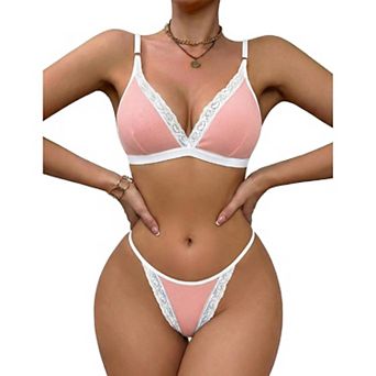 Avidlove Lingerie for Women Lace Trim Bralette and Thong Set Ribbed Bra and Panty Sets