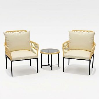 3 pc Patio Furniture Set, 2 Rattan Chairs & Tempered Glass Coffee Table for Patio Deck Yard