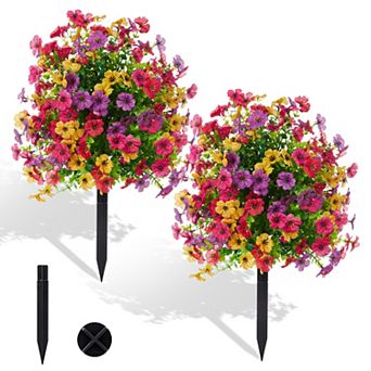 Artificial Boxwood Topiary Ball Tree, Set of 2 Fake Bushes Shrubs with Ground Spike