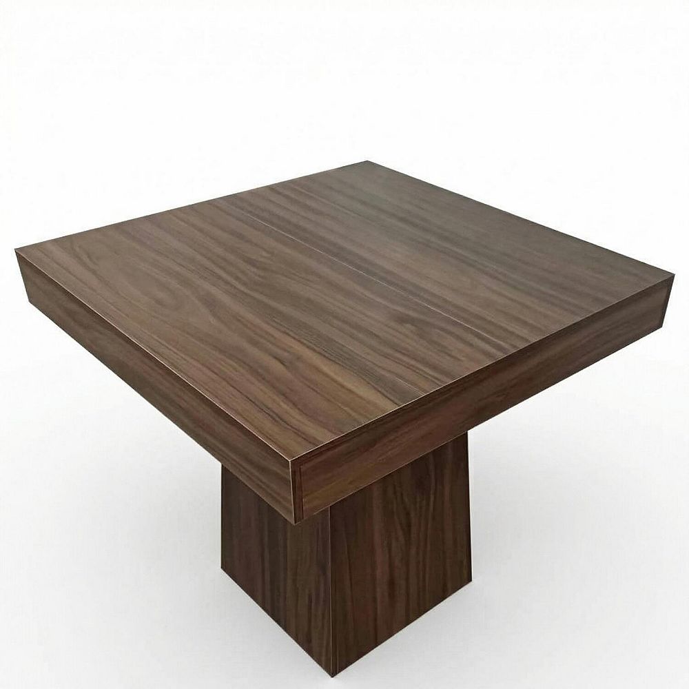 Square pedestal dining table in dark wood on a white background.