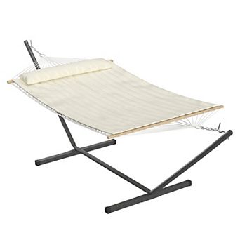 2 Person Quilted Hammock with Stand, Portable Hammock Soft Pillow Metal Base for Outdoor Patio
