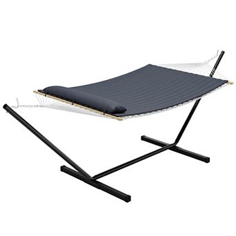 2 Person Quilted Hammock with Stand, Portable Hammock Soft Pillow Metal Base for Outdoor Patio