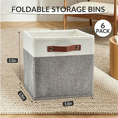 13x13 Storage Bins Set of 6, Foldable Linen Baskets with Leather Handle, Collapsible Shelf Organizer